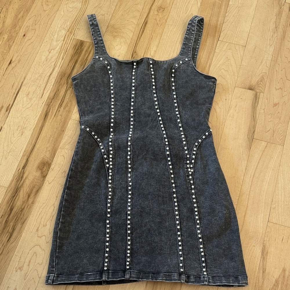 Signature Black Denim Mini Dress with Stud Accents